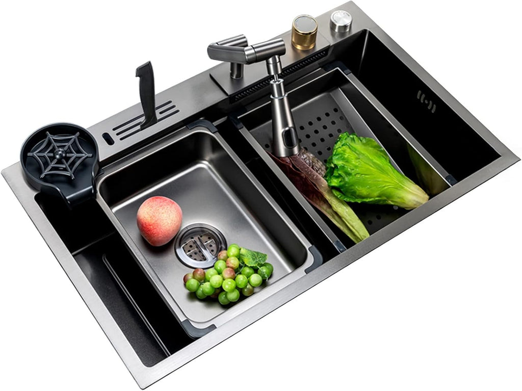 304 Stainless Steel Waterfall Sink Single Bowl Kitchen Sink Multi-Function Bar Prep Sink with Collapsible Faucet and Cup Washer Drop in Or Under Mount (Grey-68x46x21cm