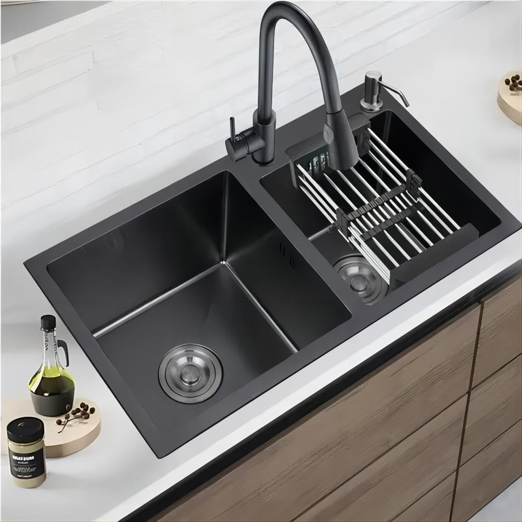 31' x 18' Black Double Bowl Kitchen Sink, Drop-in/Topmount Overmount Kitchen Sinks Basin with 304 Nano-Coated and Accessories