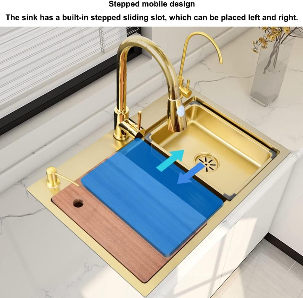 Kitchen Sink Gold Single Bowl Stainless Steel RV Sink Drop in Or Undermount with Big Bend Faucet and Clean Water Faucet (Color : Gold, Size : 60x46x22cm) (Gold 60x46x22cm)