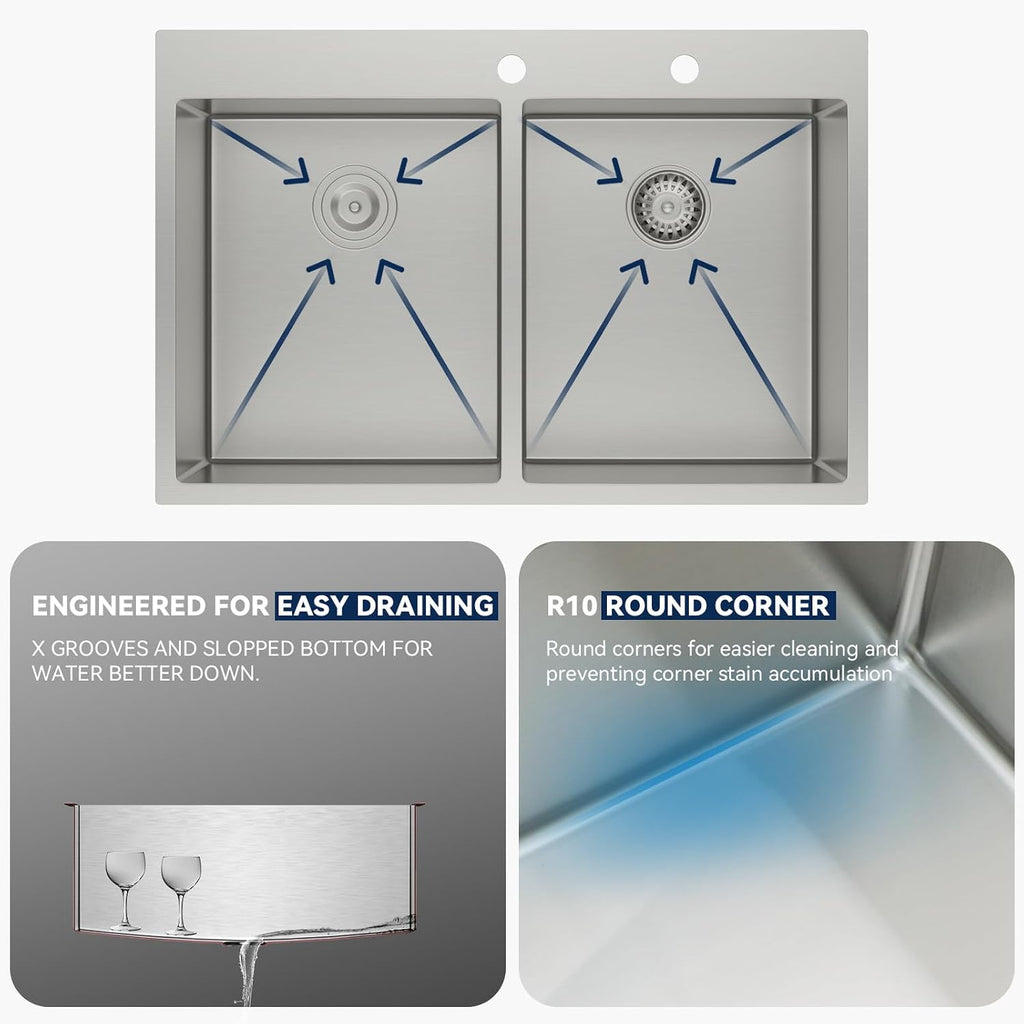 Lordear 33 Inch Drop in Kitchen Sink Double Bowl Kitchen Sinks 16 Gauge 304 Stainless Steel 50/50 Topmount Double Basin Sink