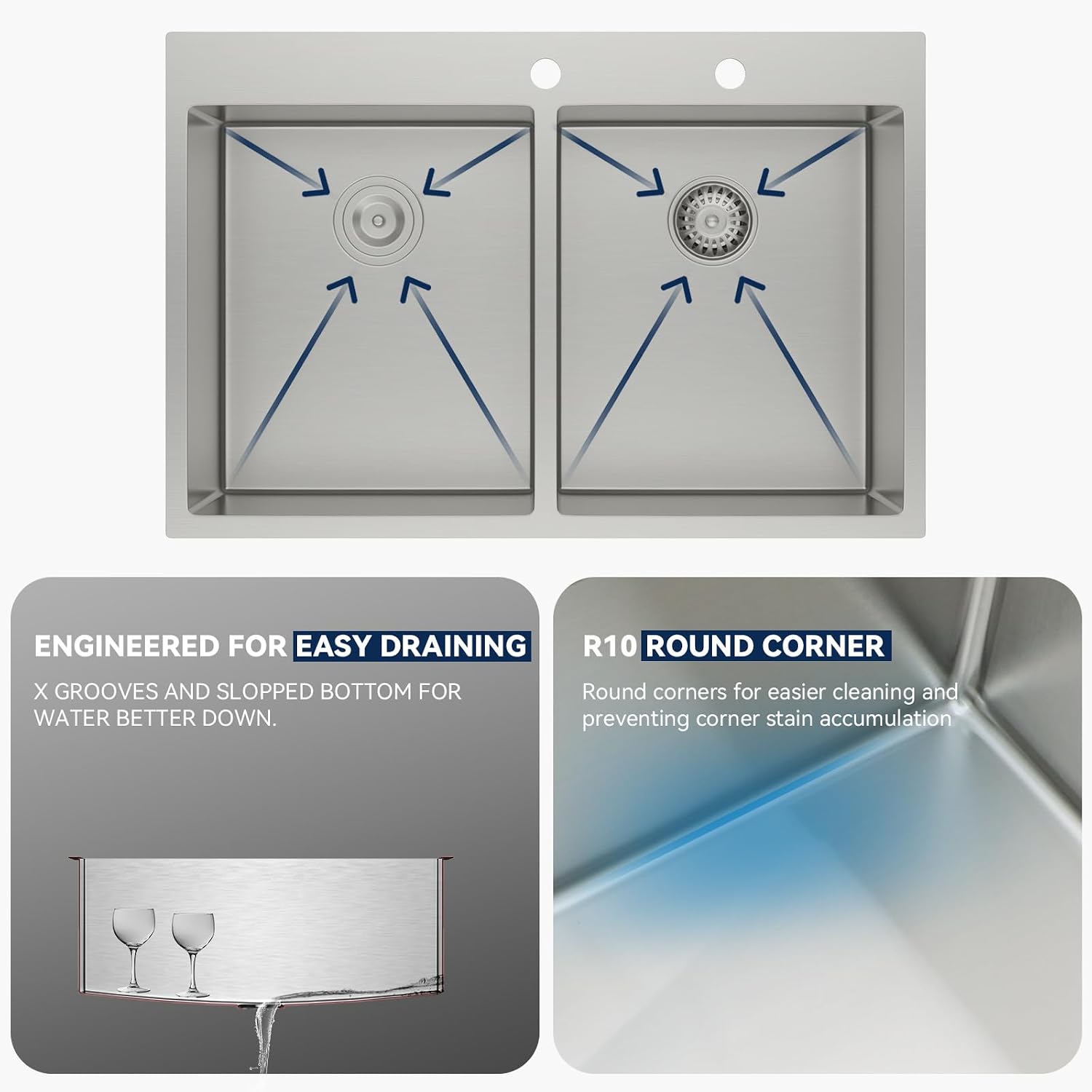Lordear 33 Inch Drop in Kitchen Sink Double Bowl Kitchen Sinks 16 Gauge 304 Stainless Steel 50/50 Topmount Double Basin Sink