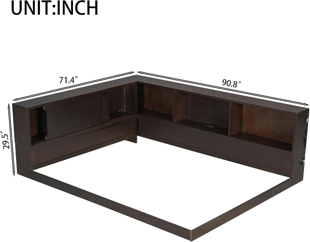 Merax Queen Size Daybed Frame with Storage Shelves for Kids, Teens or Adults, Wooden Corner Bed Sofa Bed with USB Ports and LED for Living Room or Bedroom, No Slat, Brown