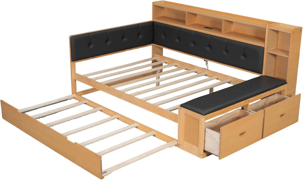 SOFTSEA Full Size Daybed with Trundle, Storage & Charging Station, Wooden Corner Daybed Frame with Upholstered Headboard & Bench for Bedroom or Apartment, No Box Spring Needed, Natural