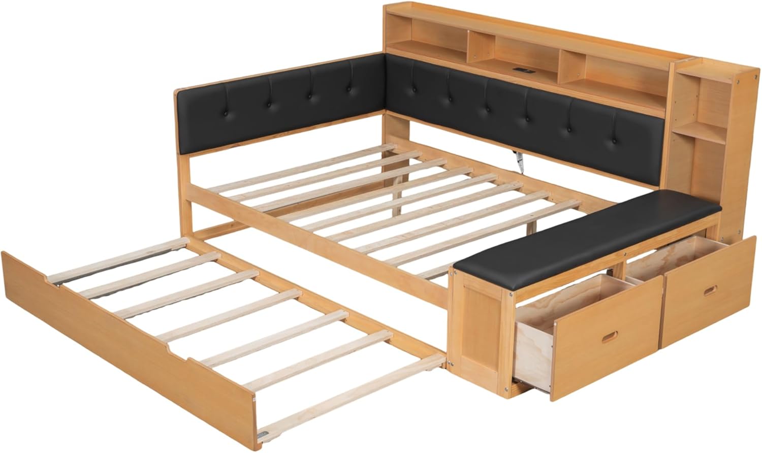 SOFTSEA Full Size Daybed with Trundle, Storage & Charging Station, Wooden Corner Daybed Frame with Upholstered Headboard & Bench for Bedroom or Apartment, No Box Spring Needed, Natural