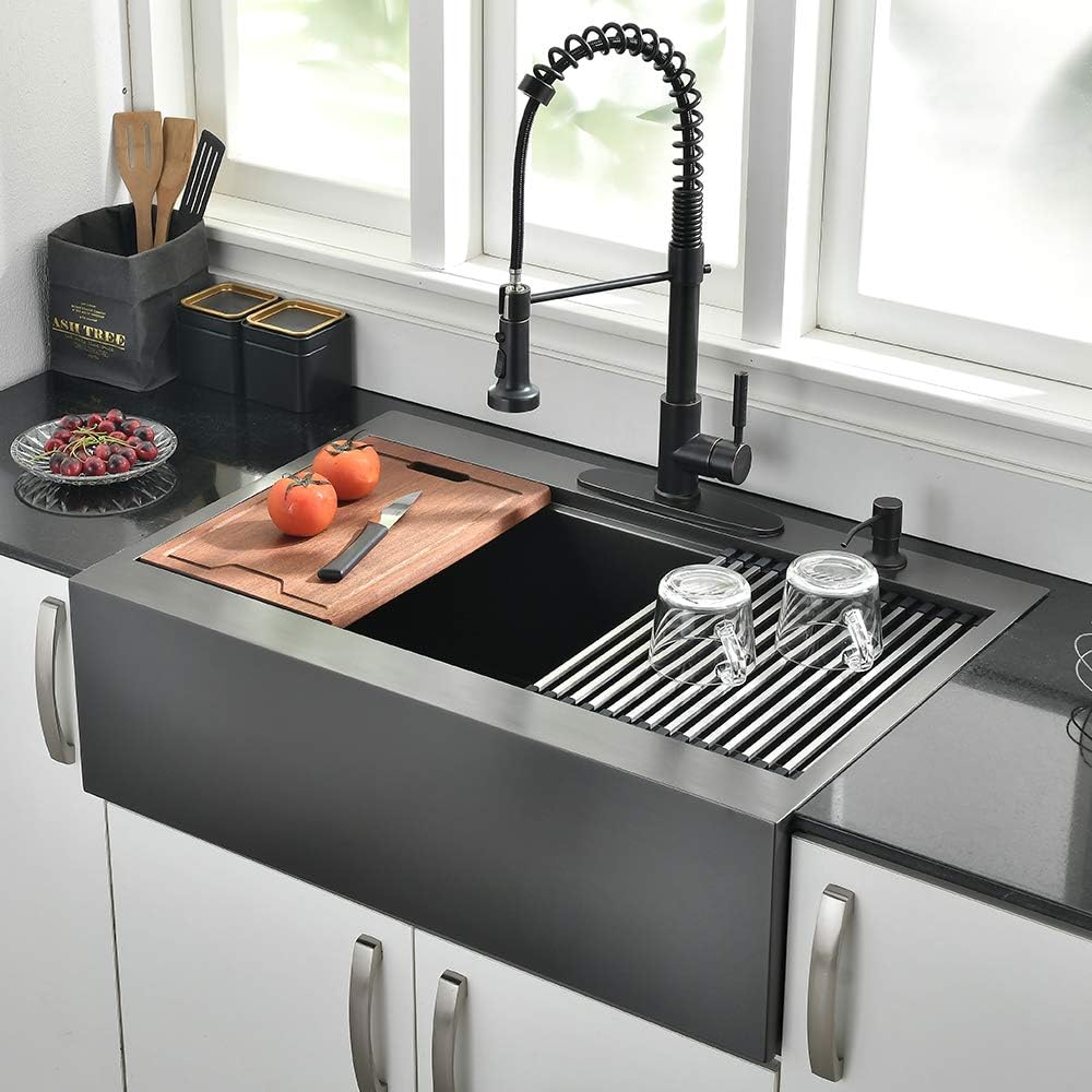 30 Inch Black Farmhouse Kitchen Sink Drop In - 30 inch Apron Front Farmhouse Sink Workstation Kitchen Sink Single Bowl 16 Gauge Stainless Steel Farm Sink