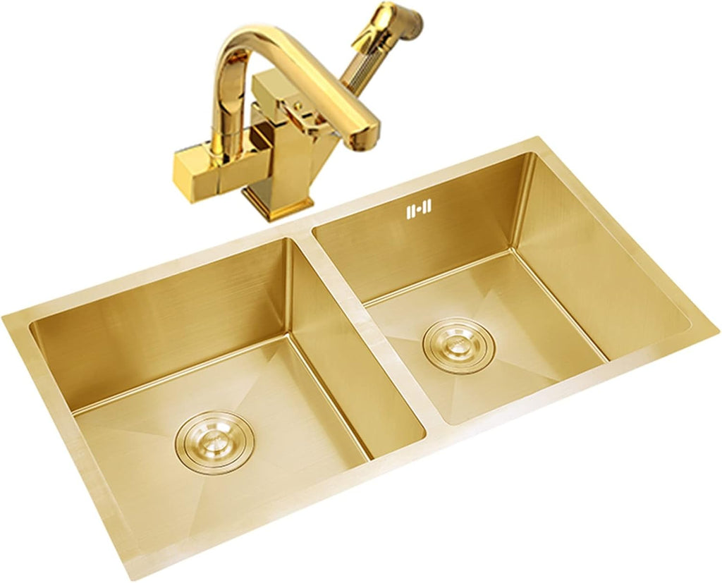 304 Stainless Steel Kitchen Sink Gold Double Bowl Bar Sinks with Faucet and Sink Accessories Drop-in Or Undermount (Color : B-Have Faucet, Size : 80x45x22cm) (Chave Faucet 75x40x22cm)