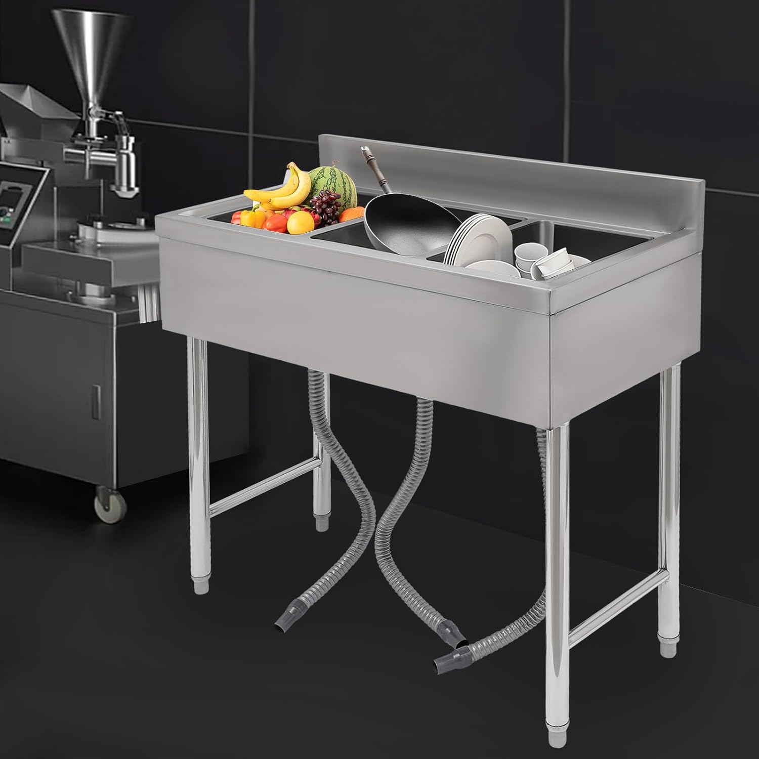 Kitchen Sink, 3 Compartment Bowl Free Standing, Commercial Sink 3 Bowl Waterfall Prep & Utility Washing Hand Basin Stainless Steel Workstation Sink with Faucet for Restaurant Bar Garage