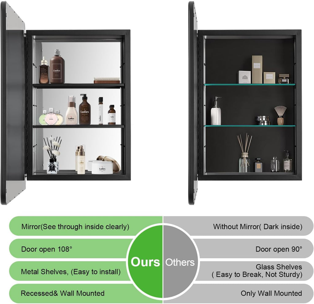Black Bathroom Medicine Cabinet with Mirror 16 x 24 Metal Frame Recessed Or Wall Mounted Single Door Storage Medicine Cabinets with Adjustable Shelves Rounded Corner Beveled Mirrors