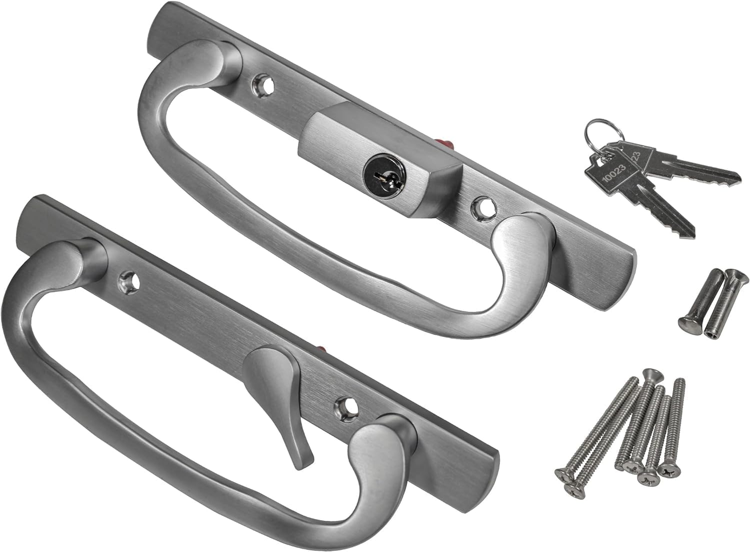 8.5' Legacy Sliding Patio Glass Door Offset Latch Brushed Chrome Handle Set with Keys - Sash Controls 2265 Keyed Lock - Fits 3-15/16' Screw Hole Spacing and 1-1/4' to 2-1/4' Door Thickness