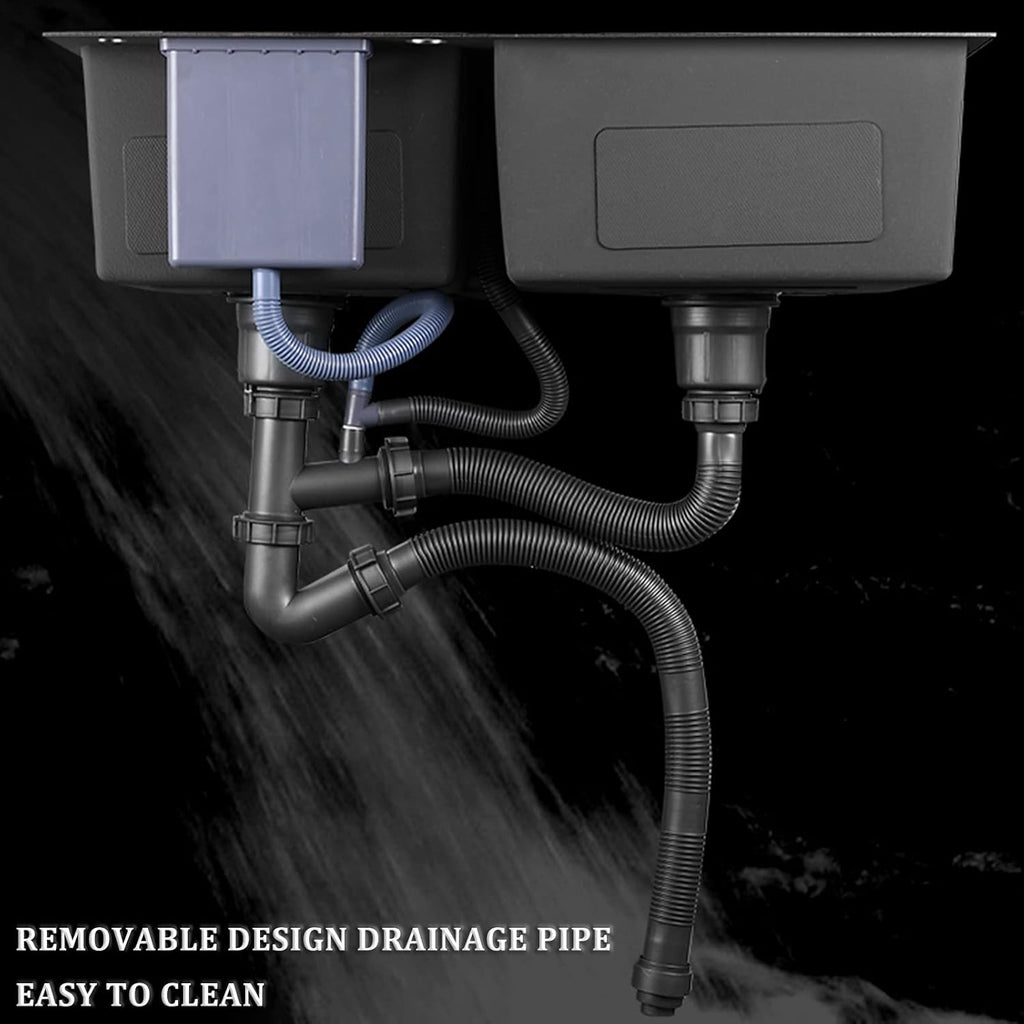 Black Double Bowl Kitchen Sink 304 Stainless Steel Bar Preparation Sink RV Sink with Faucet and Drainage Kit Top Mount Or Undermount (Color : Black-E, Size : 80x45x21cm)