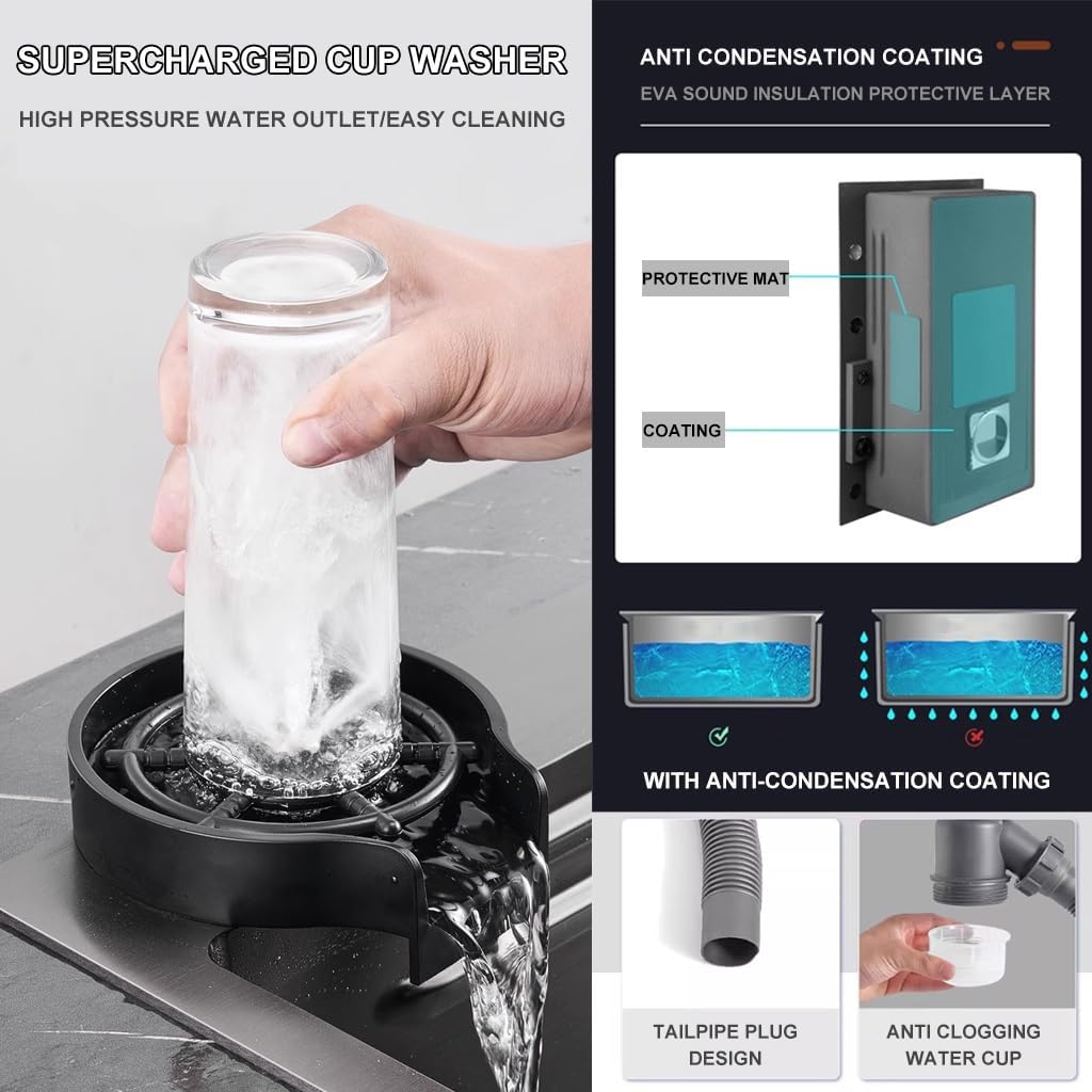 Waterfall Sink with 1080° Rotating Faucet Stainless Steel Single-Bowl Kitchen Workstation Sink with Pull-Out Faucet and Cup Washer Dual-Mount (Color : Black, Size : 68x46x21cm) (Black 68x46x21cm)