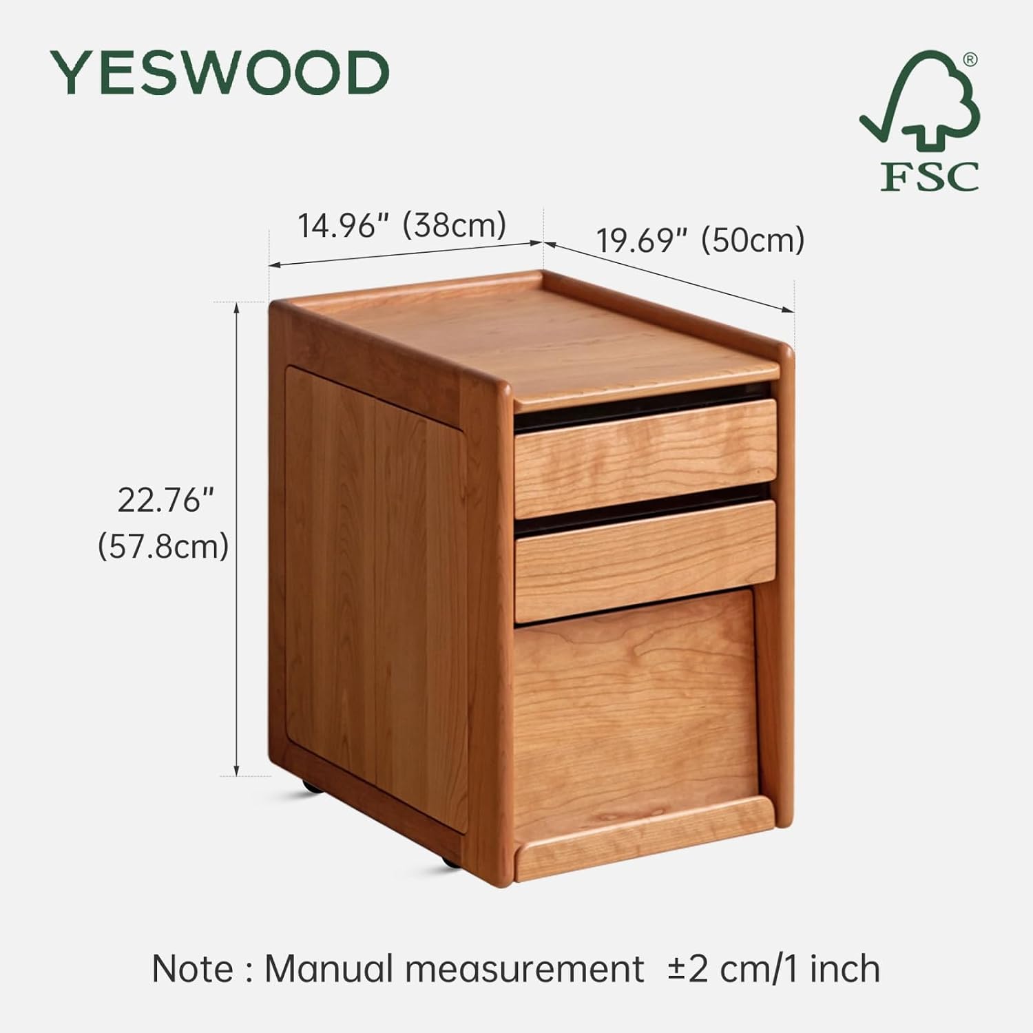 YESWOOD Solid Cherry Wood Side Table with Wheels, Narrow Side Tables with Storage Drawers, Rolling Wood Nightstand for Bedroom Living Room Study(Cherry Color, 22.76' H)