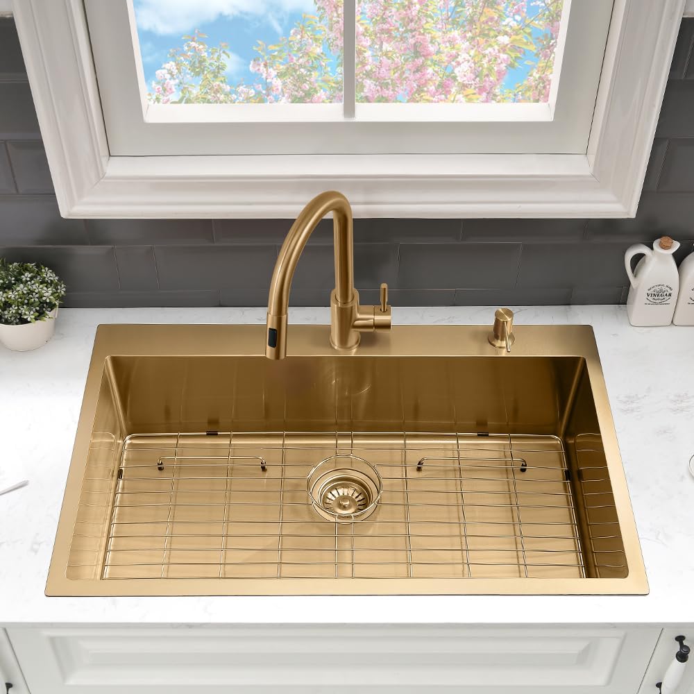 33 Inch Gold Drop In Kitchen Sink with Faucet Combo-VASOYO 33x22 Inch Gold Kitchen Sink with Faucet Combo Set Stainless Steel Deep Single Bowl Topmount Sinks and Faucets