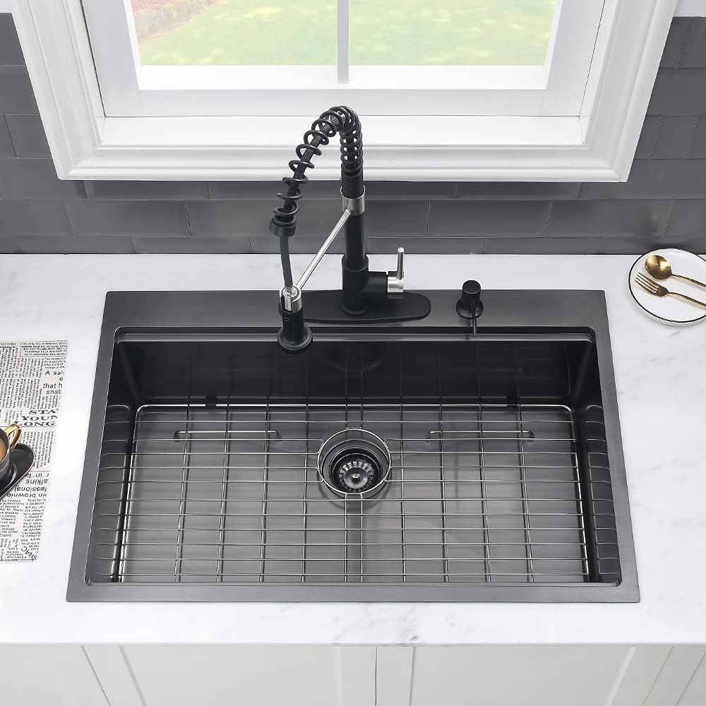 28 Inch Black Kitchen Sink Drop In Workstation-VASOYO 28x20 Inch Drop In Kitchen Sink 16 Gauge Gunmetal Black Stainless Steel Deep Single Bowl Topmount Sinks with Cutting Board
