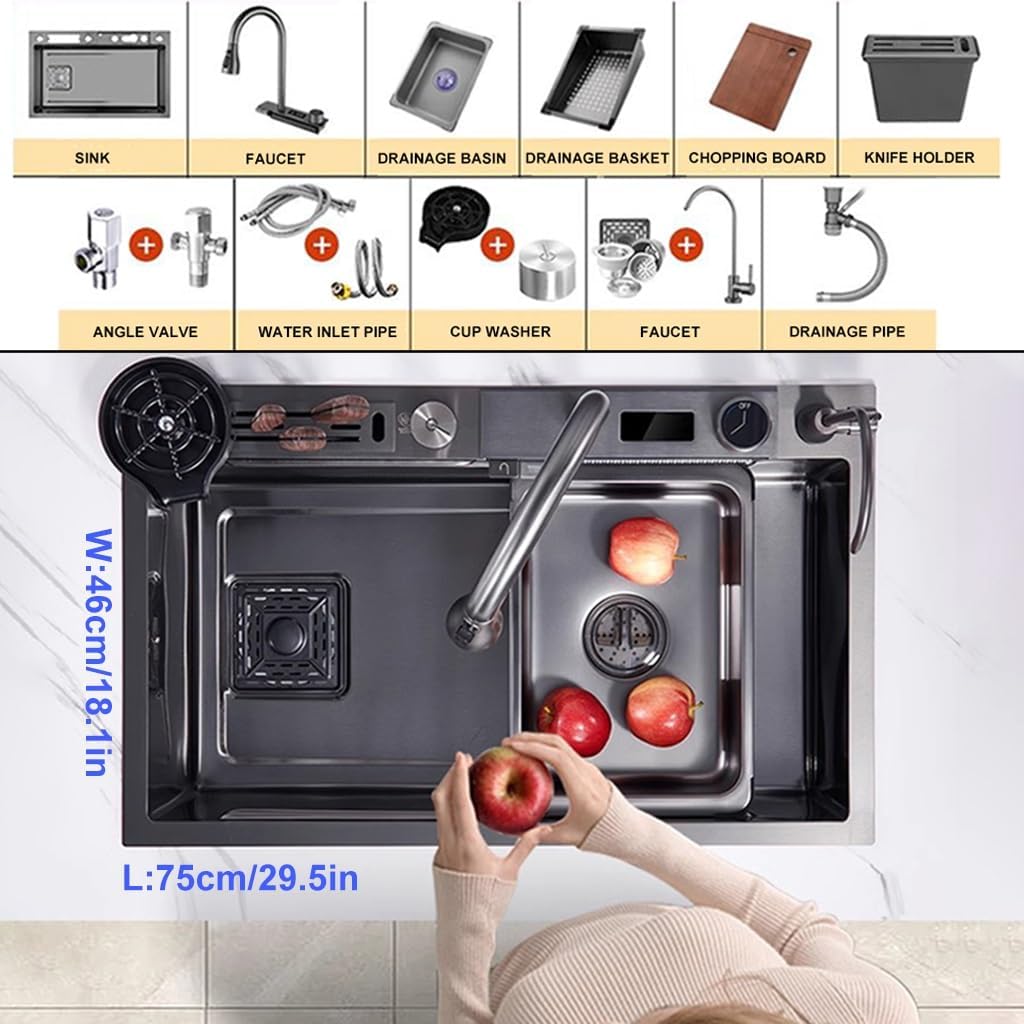 Stainless Steel Single-Bowl Kitchen Sink with Waterfall Design Workstation Sink with Black Grey Finish Waterfall Pull-Down Faucet and Complete Accessory Set (Black 75x46x22cm)