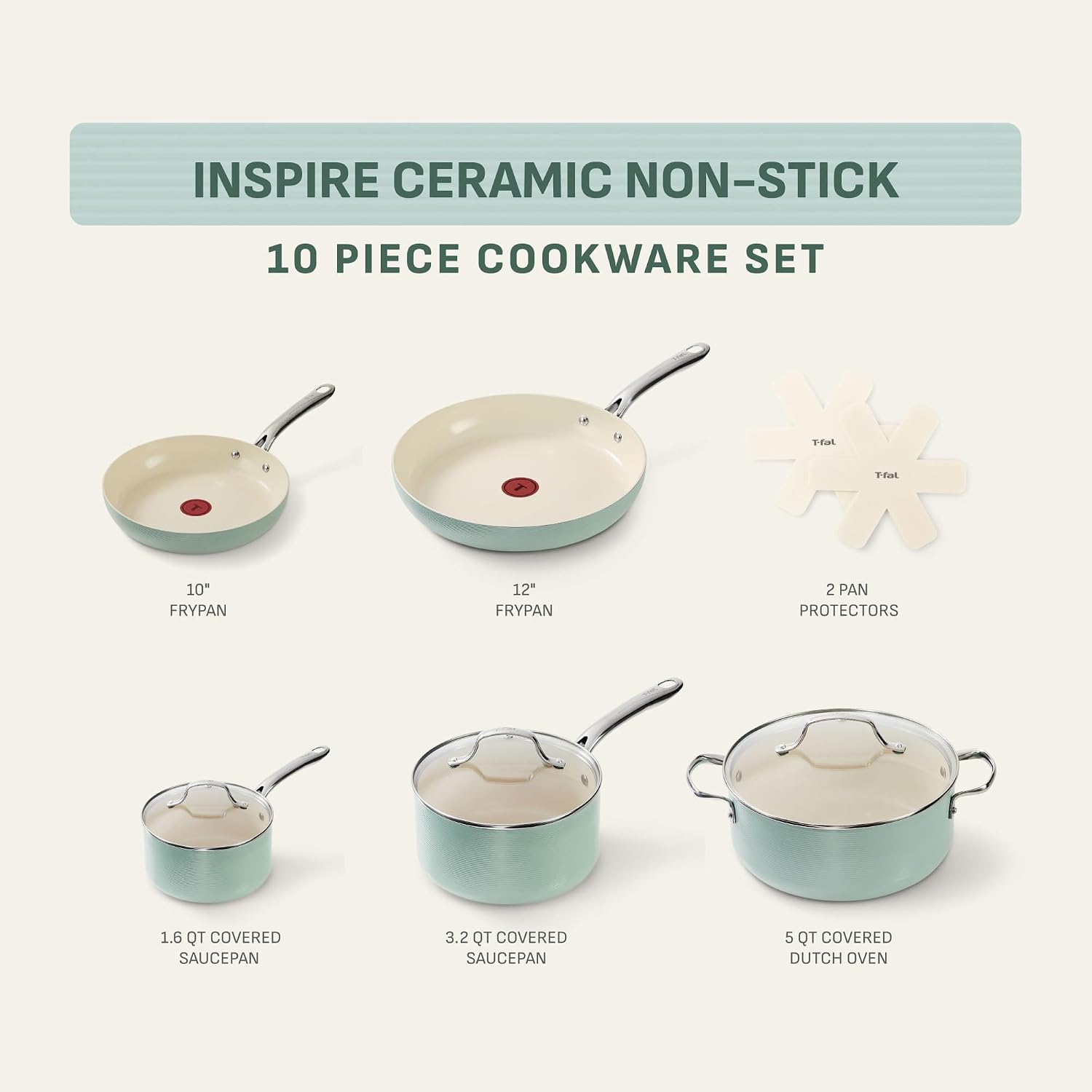 T-Fal Inspire Nonstick Cookware Set, 10-Piece, Oven Safe to 500°F, Stockpot, Ceramic Pots and Pans Set, Frying Pans, Saucepans, Protectors, Mint Green