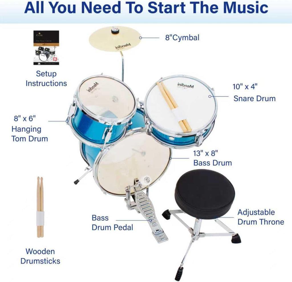Mendini By Cecilio Drum Set, 3 Piece Junior Drum Set for Beginners with Bass Tom Snare Drum, 13 inch Drum Kit with Snare, Cymbal, Drumsticks, Adjustable Seat (Sky Blue)
