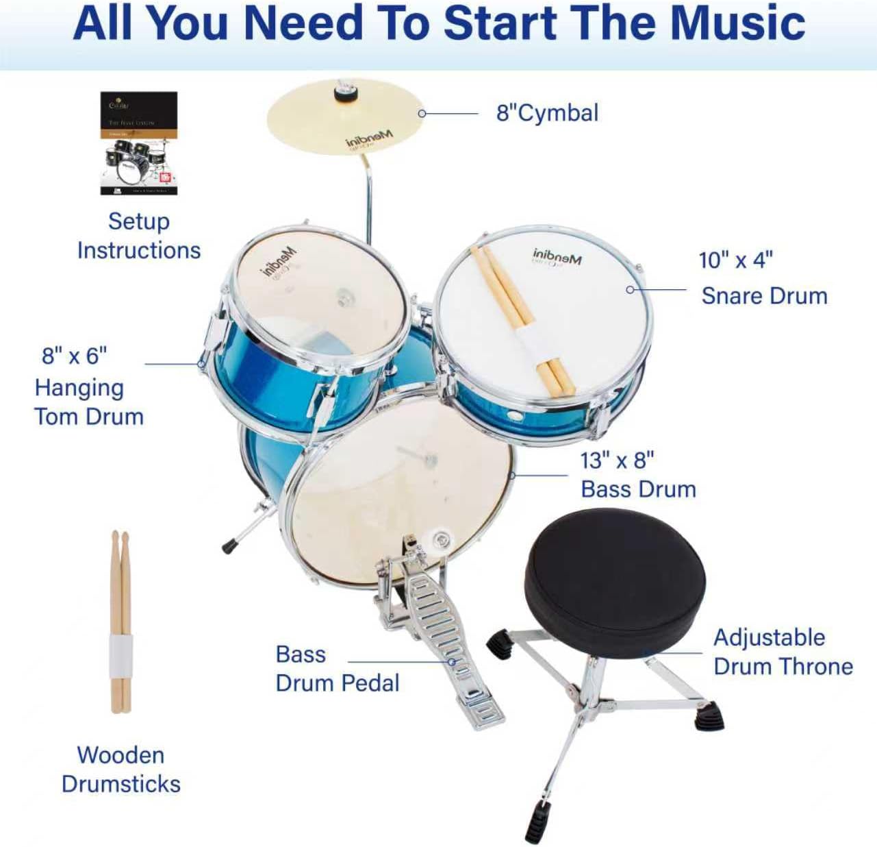 Mendini By Cecilio Drum Set, 3 Piece Junior Drum Set for Beginners with Bass Tom Snare Drum, 13 inch Drum Kit with Snare, Cymbal, Drumsticks, Adjustable Seat (Sky Blue)
