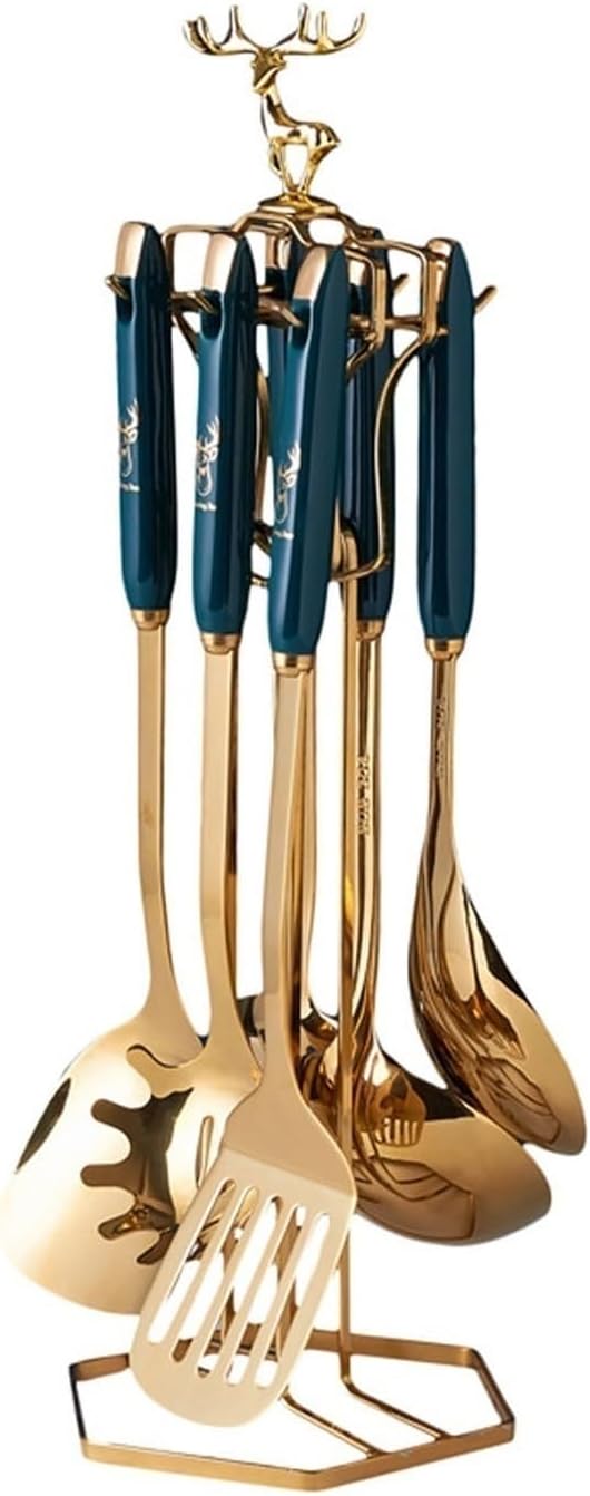 Kitchen Cooking Utensils Set, Stainless Steel Cooking Utensils Set with Holder, 7-Pieces Metal Kitchen Utensils, Kitchen Tools with Countertop Stand