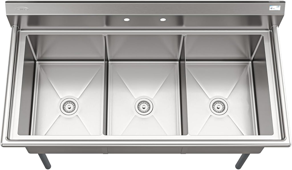 KoolMore 60 in. Three Compartment Commercial Sink, Bowl Size 18x24x14 in 18-Gauge Stainless-Steel, NSF Listed (KM-SC182414-N3)