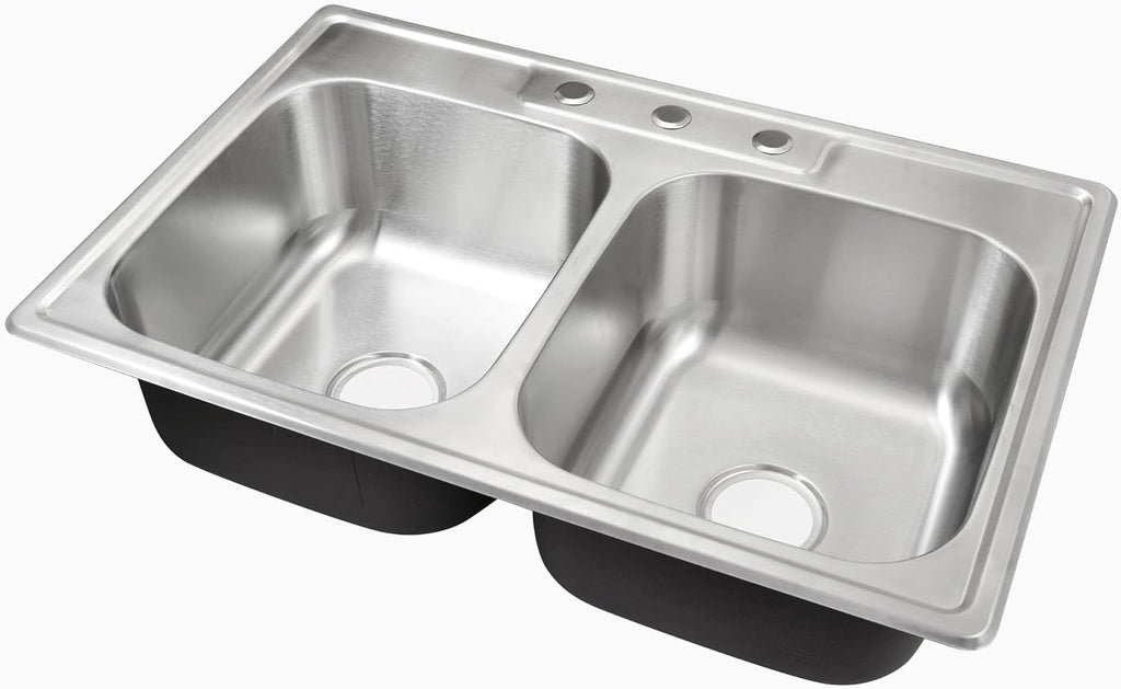 33x22 Drop In Double Bowl Kitchen Sink 33 Inch 50/50 Topmount 18 Gauge Stainless Steel Commercial Grade Satin Finish Sinks 33' x 22' x 9' (Sink Only)