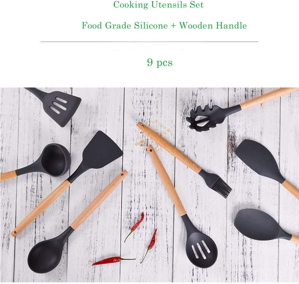 Wood Handle Silicone Nonstick Kitchen Utensil Set for Cooking Gadgets Cooking Utensils Set with Wood Handles Cookware ladle，
