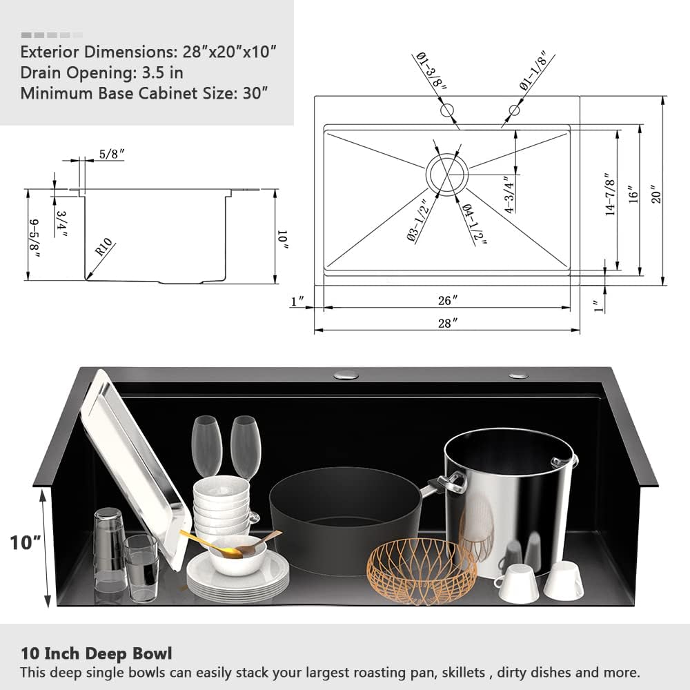 28 Inch Black Kitchen Sink Drop In Workstation-VASOYO 28x20 Inch Drop In Kitchen Sink 16 Gauge Gunmetal Black Stainless Steel Deep Single Bowl Topmount Sinks with Cutting Board