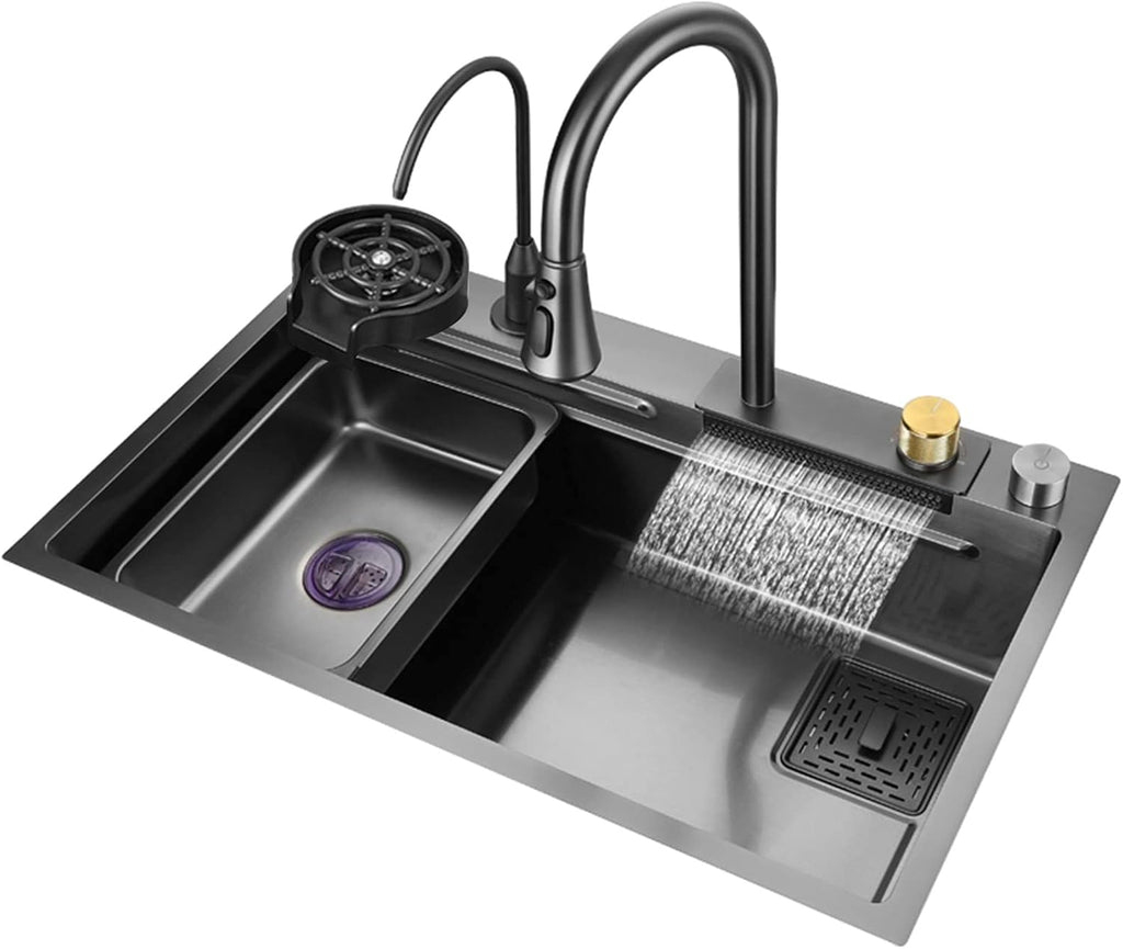 Black Nano Single Bowl Kitchen Sink 304 Stainless Steel Waterfall Bar Sink Multi-Purpose Handmade Sink Rv Sink with Pull-Out Faucet and Drainage Components Top Mount Or Undermount (BlackB 68x45x2