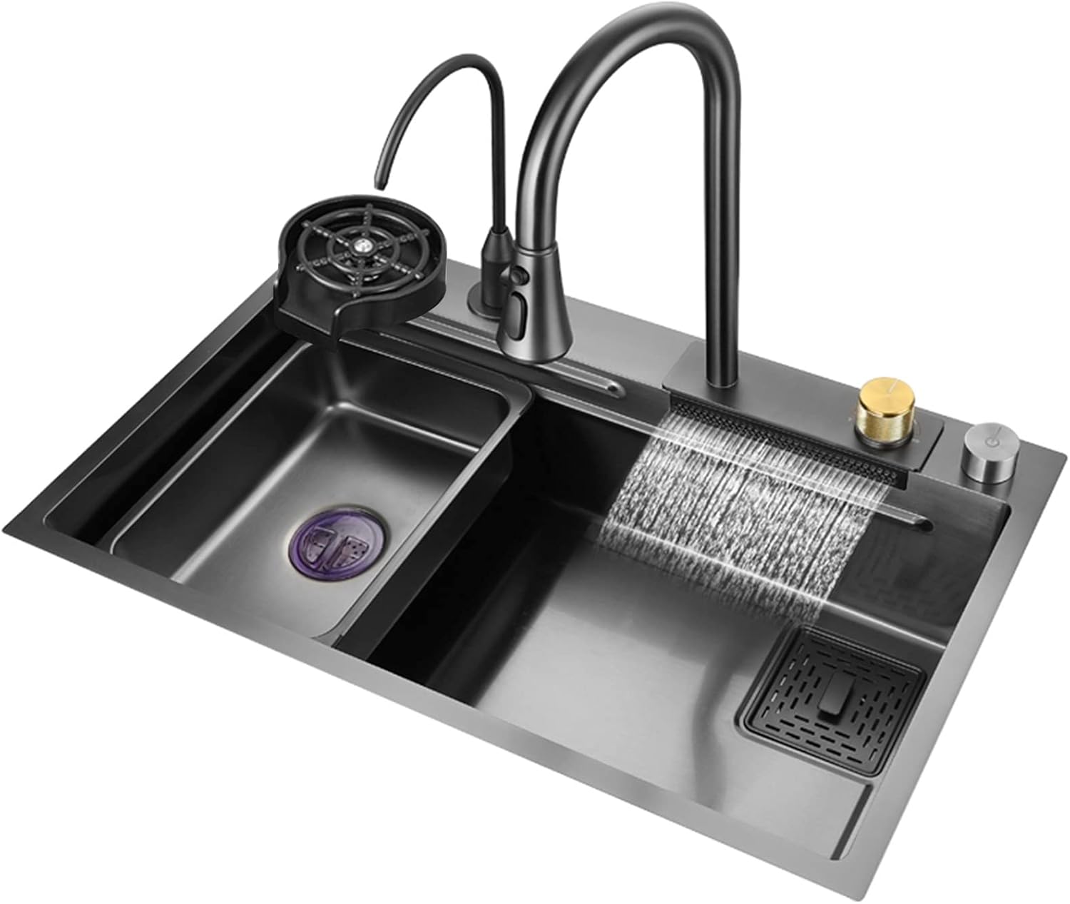 Black Nano Single Bowl Kitchen Sink 304 Stainless Steel Waterfall Bar Sink Multi-Purpose Handmade Sink Rv Sink with Pull-Out Faucet and Drainage Components Top Mount Or Undermount (BlackB 68x45x2