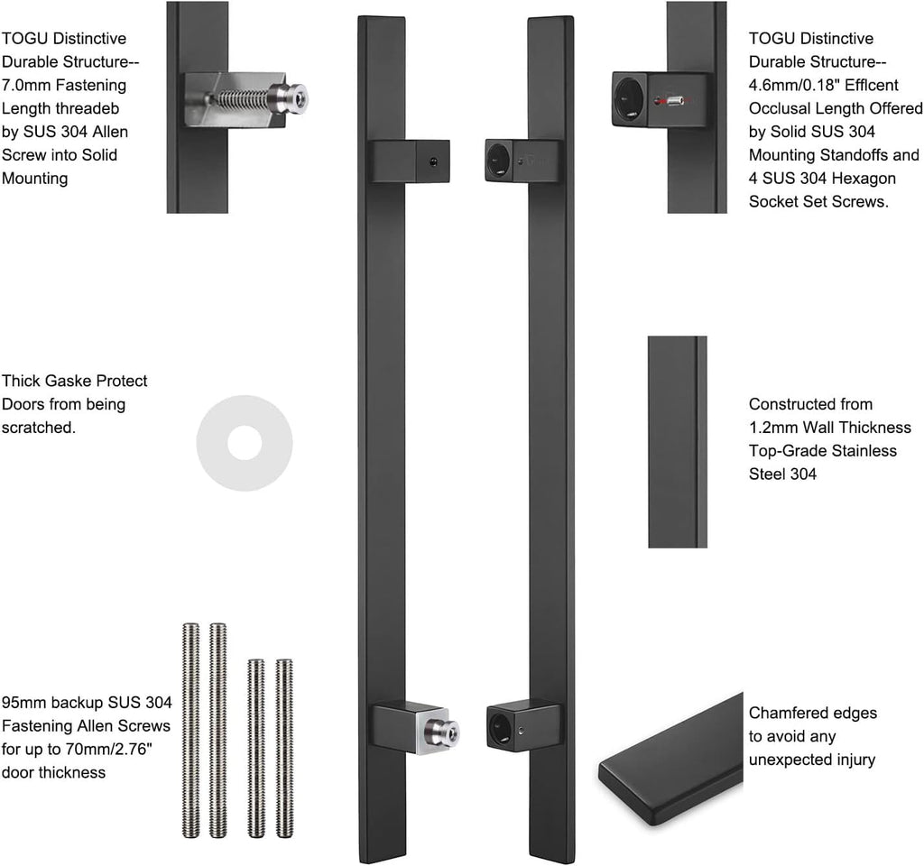 TOGU TG-6018 60 inches Solid Standoffs Heavy-Duty Commercial Grade-304 Stainless Steel Push Pull Door Handle/Barn Door Pull Handle/Glass Pulls, Matte Black Finish