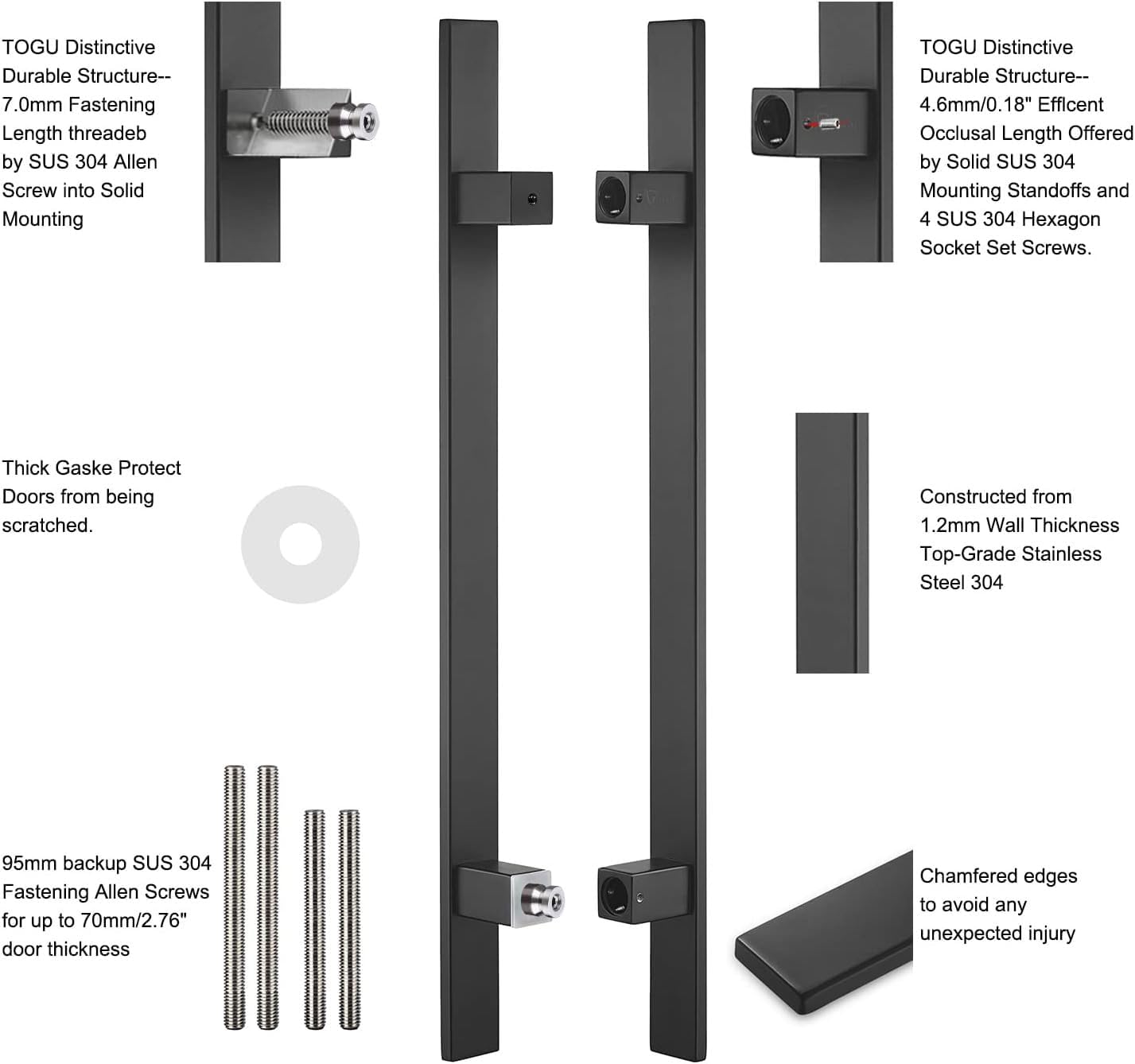 TOGU TG-6018 60 inches Solid Standoffs Heavy-Duty Commercial Grade-304 Stainless Steel Push Pull Door Handle/Barn Door Pull Handle/Glass Pulls, Matte Black Finish