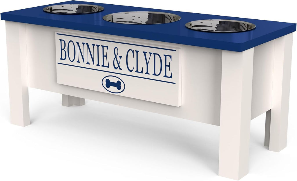 GTW Elevated 3 Bowl Dog Feeding Station - Customized Triple Stand for Large Dogs - Includes Storage & Stainless Steel Bowls (Large, Blue)