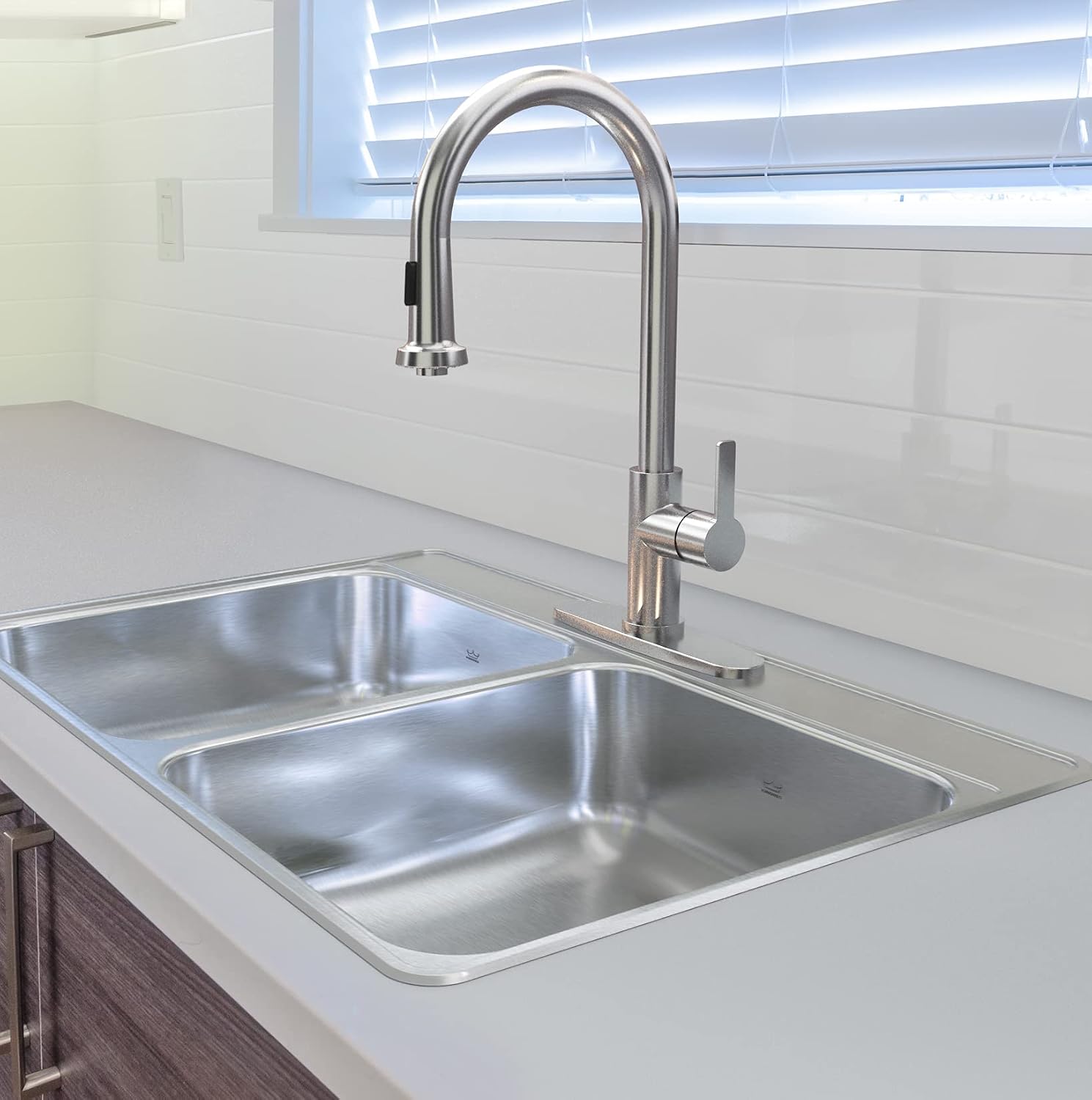 Kindred Creemore 33-in LR x 22-in FB x 7-in DP Drop In Double Bowl 3-Hole Stainless Steel Kitchen Sink, CDLA3322-7-3N