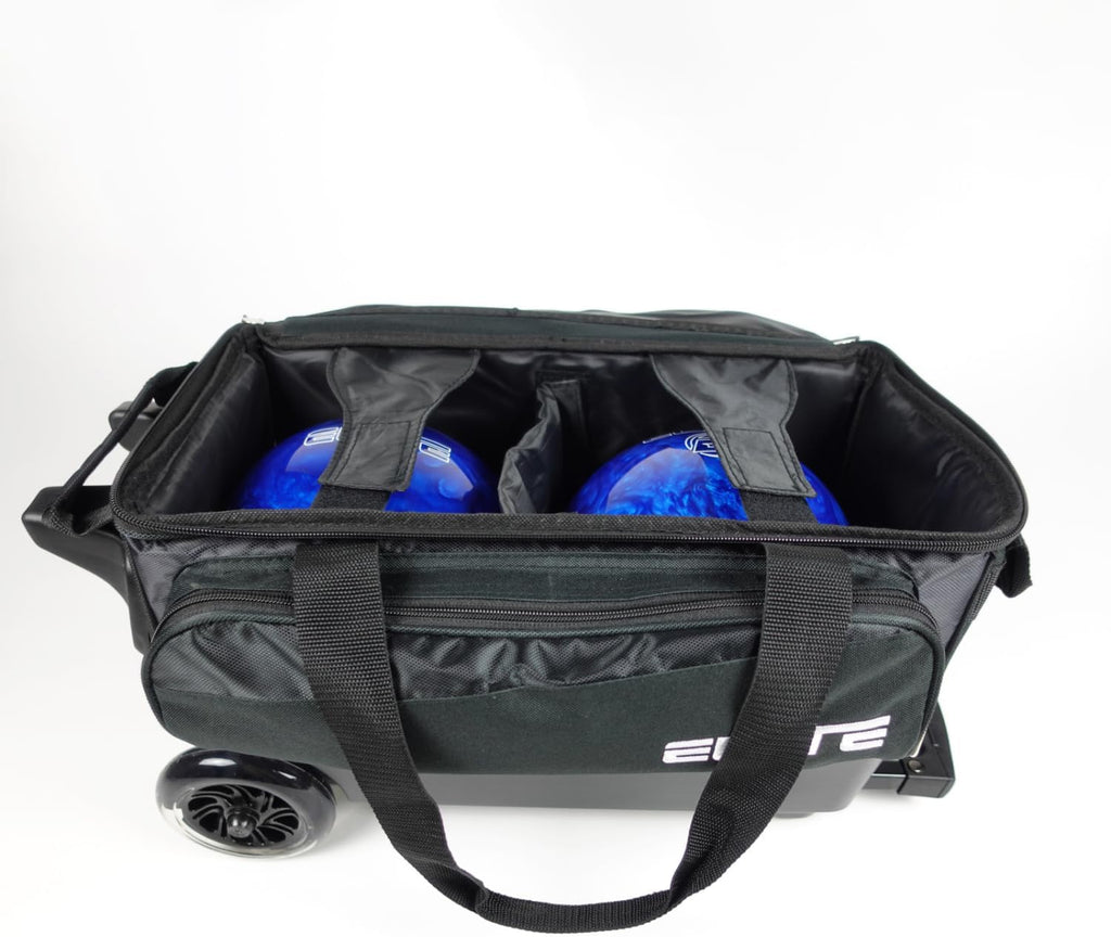 ELITE Deluxe 2 Ball Bowling Bag with 5' Smooth Wheels - Large Accessory Pocket, Shoe Compartment, 36' Extendable Handle