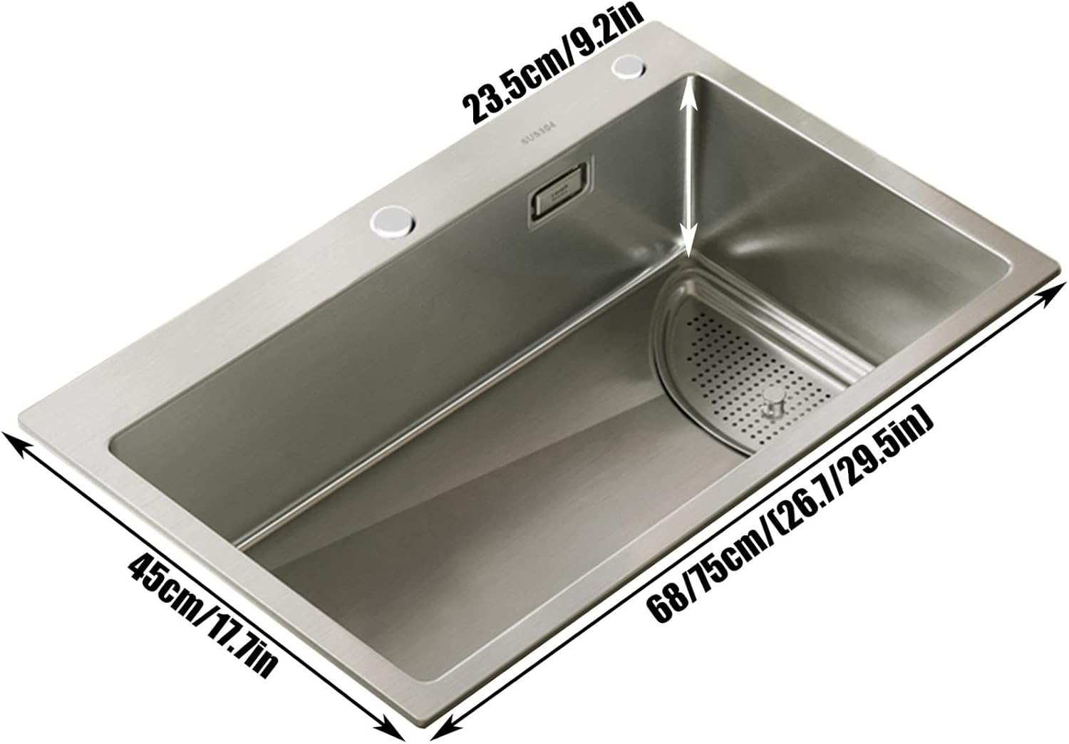 Square Brushed Single Bowl Kitchen Sink/ 304 Stainless Steel Bar Prep Sink with Drain Pipe and Installation Kit Drop in Or Undermount (Color : NO Faucet, Size : 68x45x23.5cm) (Ahave Faucet 68x45x