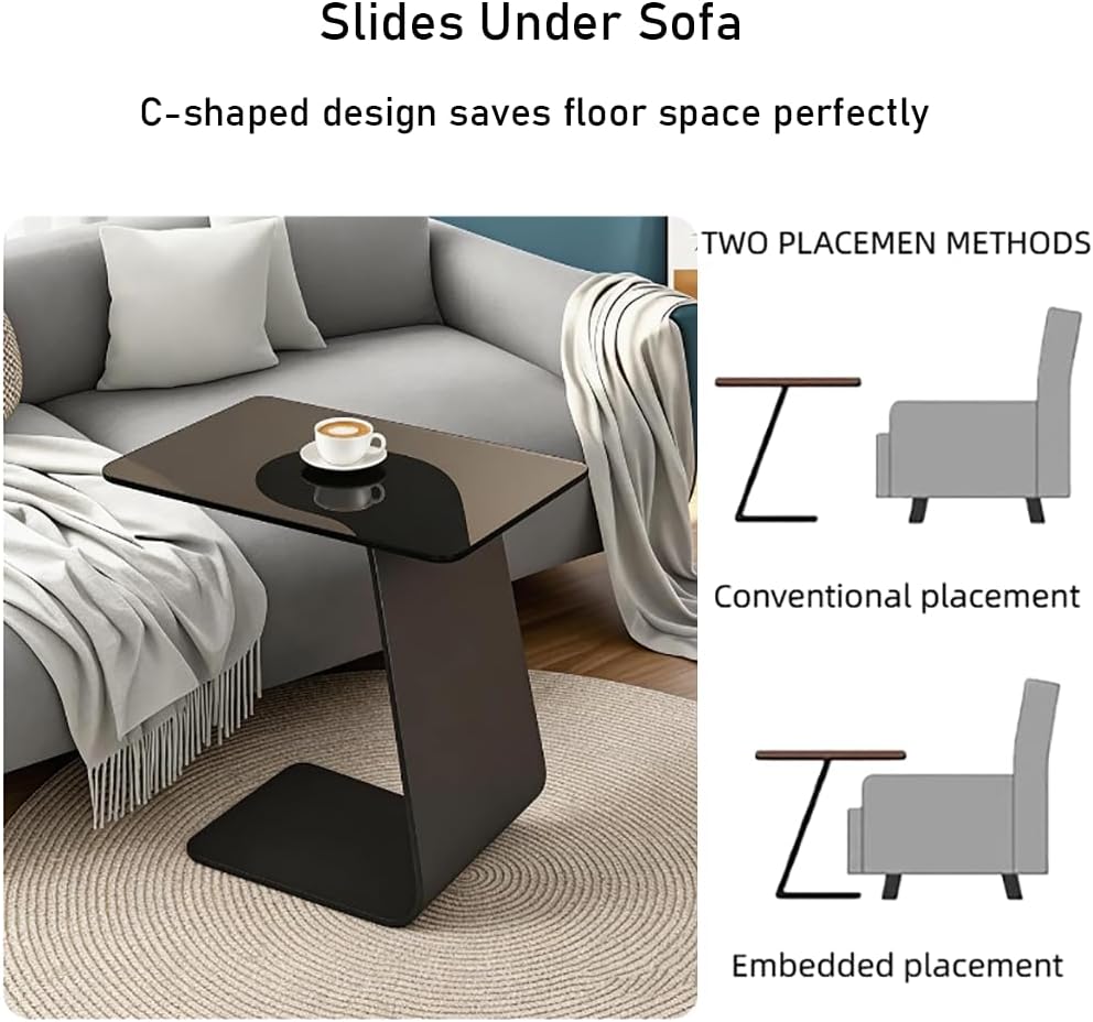 25.5-Inch High C-Shaped End Table with Tempered Glass Top & Black Metal Frame, Modern Space-Saving Sofa Side Table for Living Room, Bedroom, Small Spaces (B)