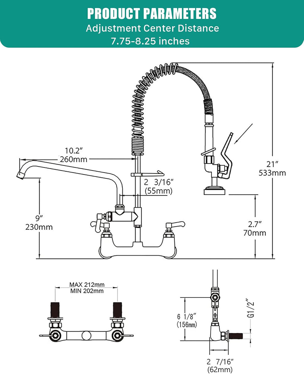 Commercial Kitchen Faucet Heavy Duty Wall Mount Sink Faucet, 8 Inch Center 25 Inch Commercial Kitchen Faucet with Pre-Rinse Sprayer （Black） and 10 Inch Add-On Spout for 1,2,3 Compartment Sinks