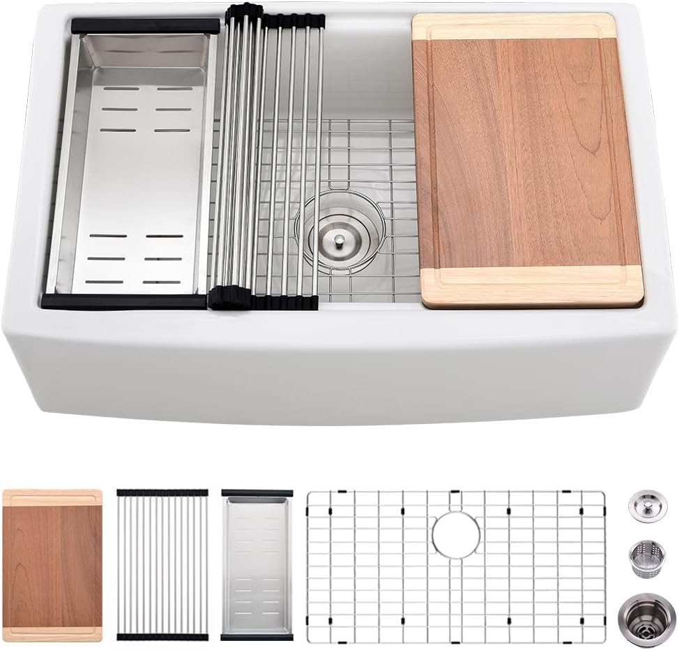 33 Inch White Farmhouse Sink Workstation-VASOYO 33 x 21 Apron Front Farm Sink White Fireclay Farmhouse Kitchen Sinks Workstation Single Bowl Deep Kitchen Sinks Undermount with Cutting Board
