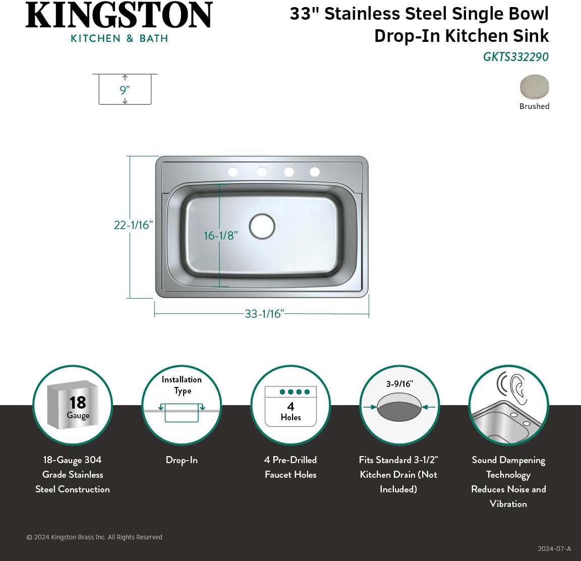 Kingston Brass Gourmetier GKTS332290 Studio Self Rimming Single Bowl Sink, 33-Inch L x 22-Inch W x 9-Inch H, Brushed Stainless Steel