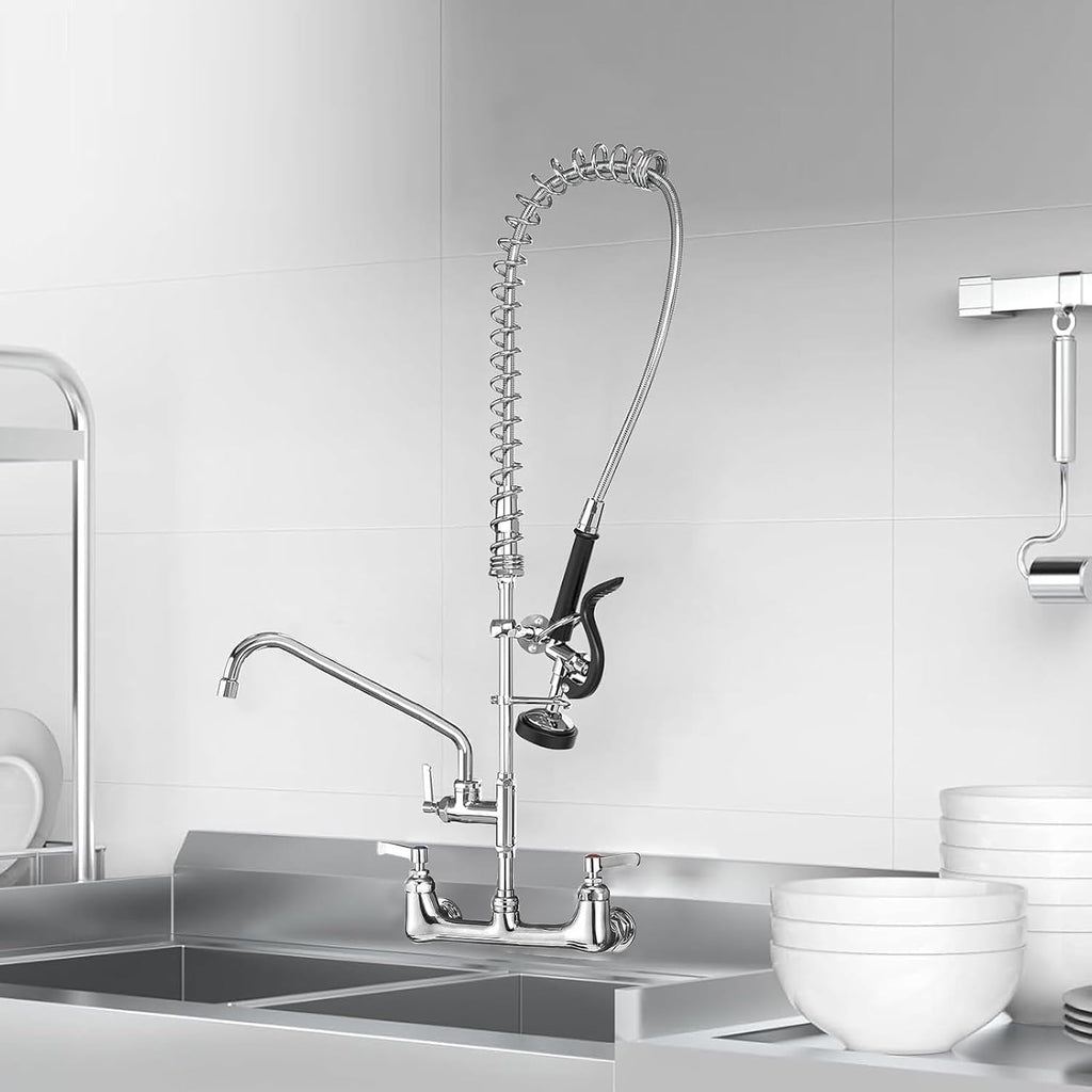Commercial Faucet with Sprayer for Kitchen Staff: 43 Inches Commercial Faucet Pre Rinse Sprayer 8 inch Center Wall Mount Kitchen with 12 inch Add on Spout