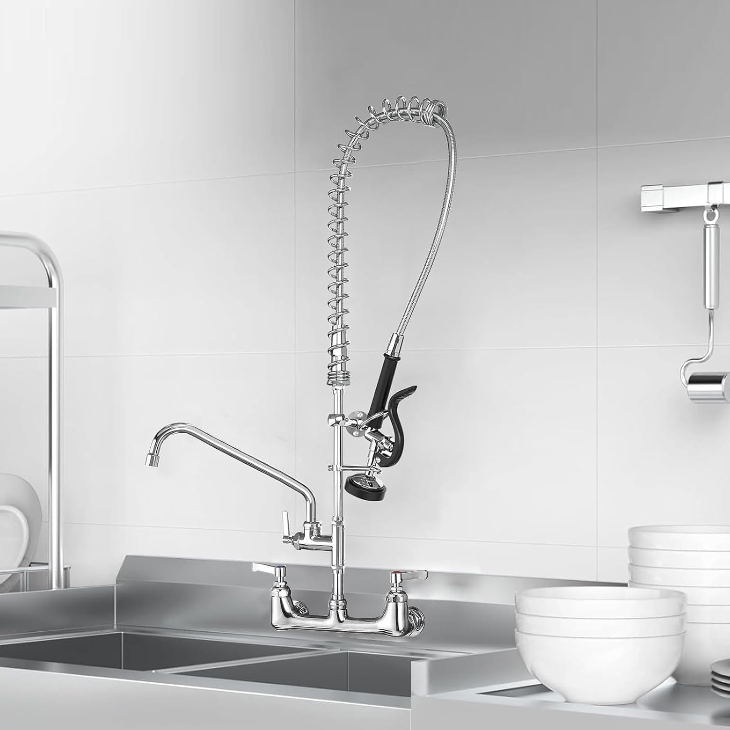 Commercial Faucet with Sprayer for Kitchen Staff: 43 Inches Commercial Faucet Pre Rinse Sprayer 8 inch Center Wall Mount Kitchen with 12 inch Add on Spout