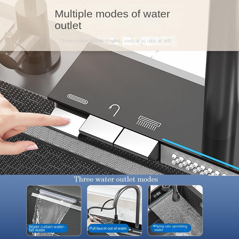 Smart Waterfall Kitchen Sink Stainless Steel Single Bowl Digital Display Honeycomb Nano Modern Workstation Sink with Pull Down Faucet Multifunctional Topmount Handmade Sinks(31.5 x 18.1 inch)