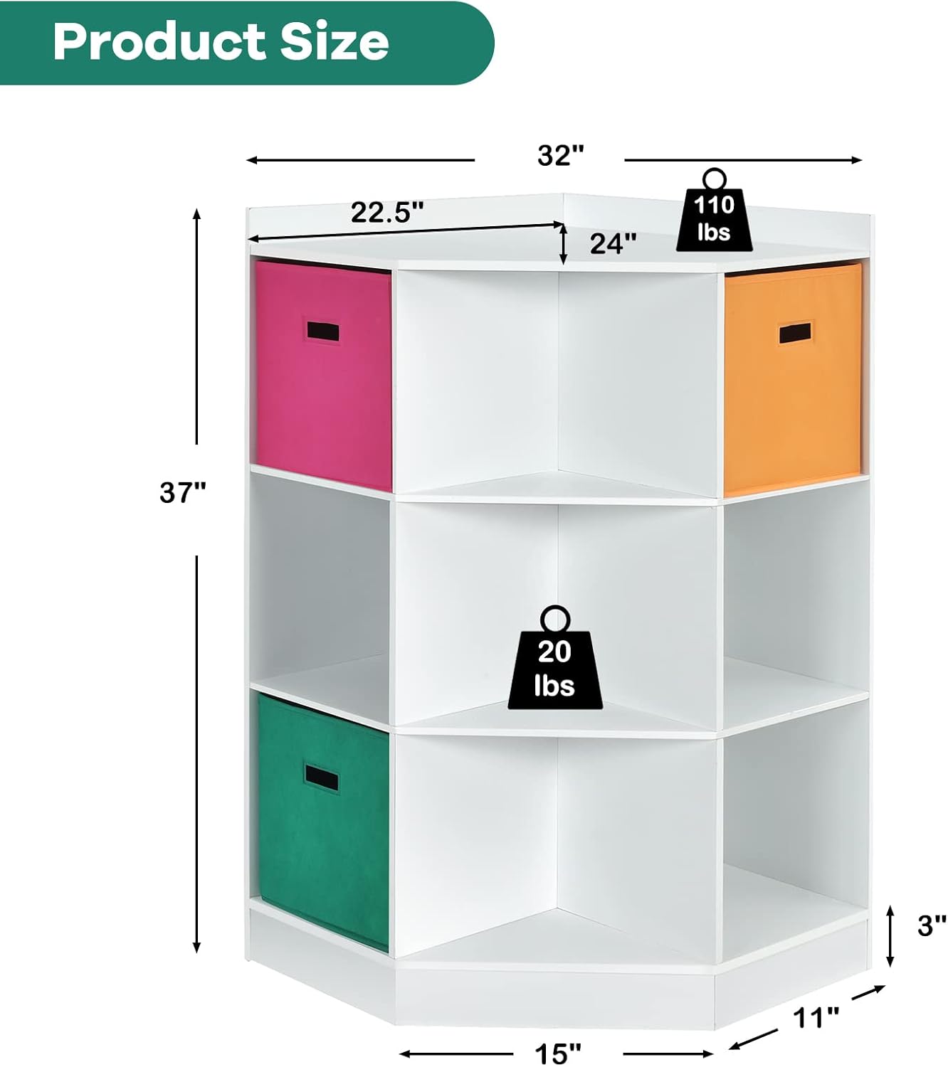 Costzon 9-Cubby Kids Bookcase with Large Storage Drawers, Children's Corner Cabinet with 6 Cubes and 3 Shelves, Wooden Storage Sideboard Suitable for Kids Room Playroom Classroom (White)