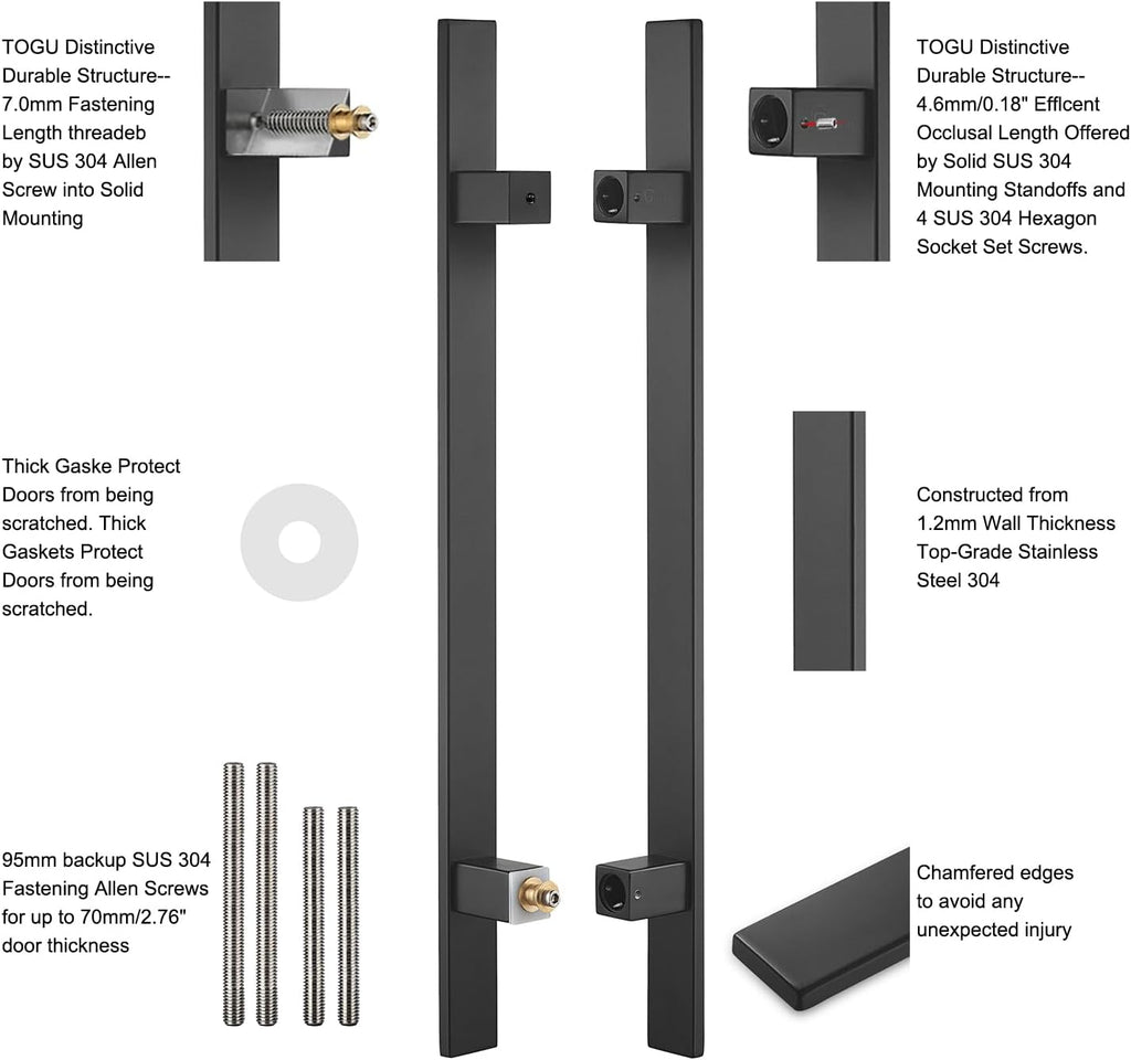 TOGU TG-6018 71 inches Solid Standoffs Heavy-Duty Commercial Grade-304 Stainless Steel Push Pull Door Handle/Barn Door Pull Handle/Glass Pulls, Matte Black Finish