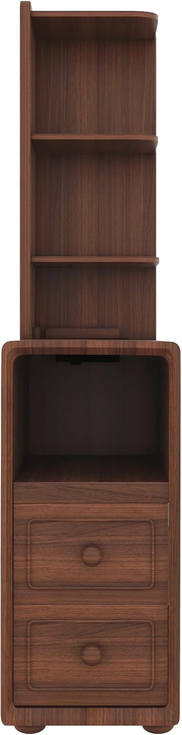 Mirightone Tall End Table with Drawers and Shelves, Narrow Side Table with Charging Station, High Slim Corner Cabinet Bedside Table with Detachable Storage Bookcase for Living Room Bedroom, Walnut