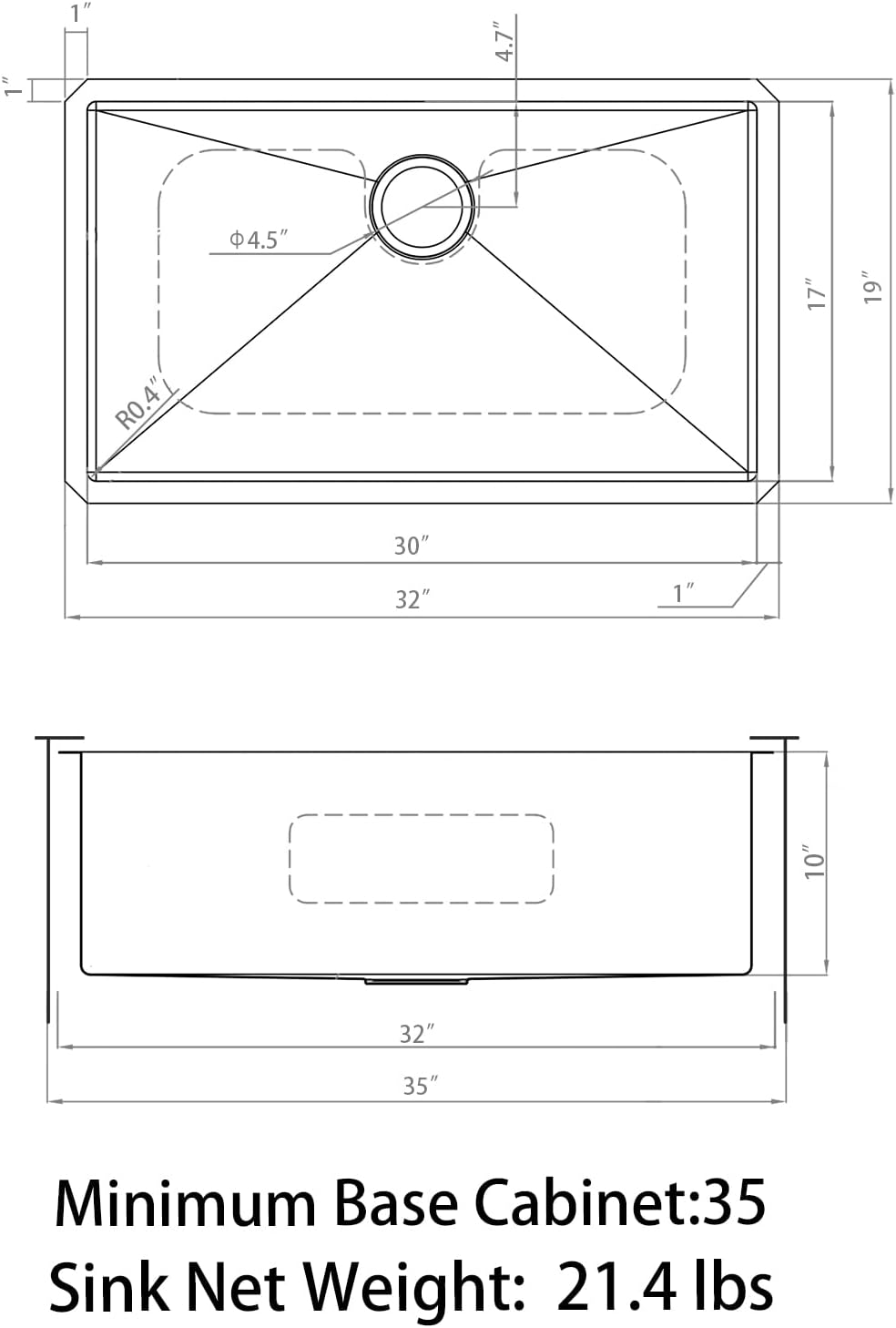 Sinber HU3219S-16G 32' x 19' x 10' Undermount Single Bowl Kitchen Sink with 16 Gauge 304 Stainless Steel Satin Finish (Sink Only)
