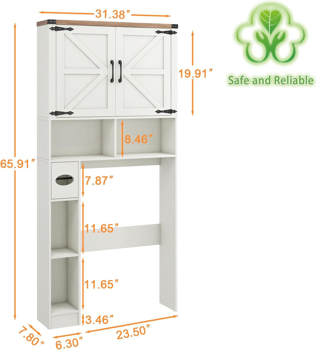 Vabches Over The Toilet Storage Cabinet, Farmhouse Storage Cabinet Over Toilet with 2 Barn Doors && Toilet Paper Holder Stand，Home Space-Saving Toilet Rack, for Laundry, Restroom, Bathroom