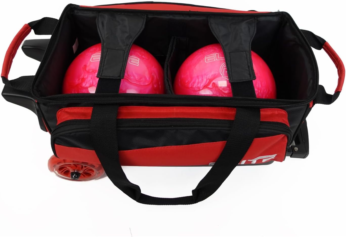 ELITE Deluxe 2 Ball Bowling Bag with 5' Smooth Wheels - Large Accessory Pocket, Shoe Compartment, 36' Extendable Handle