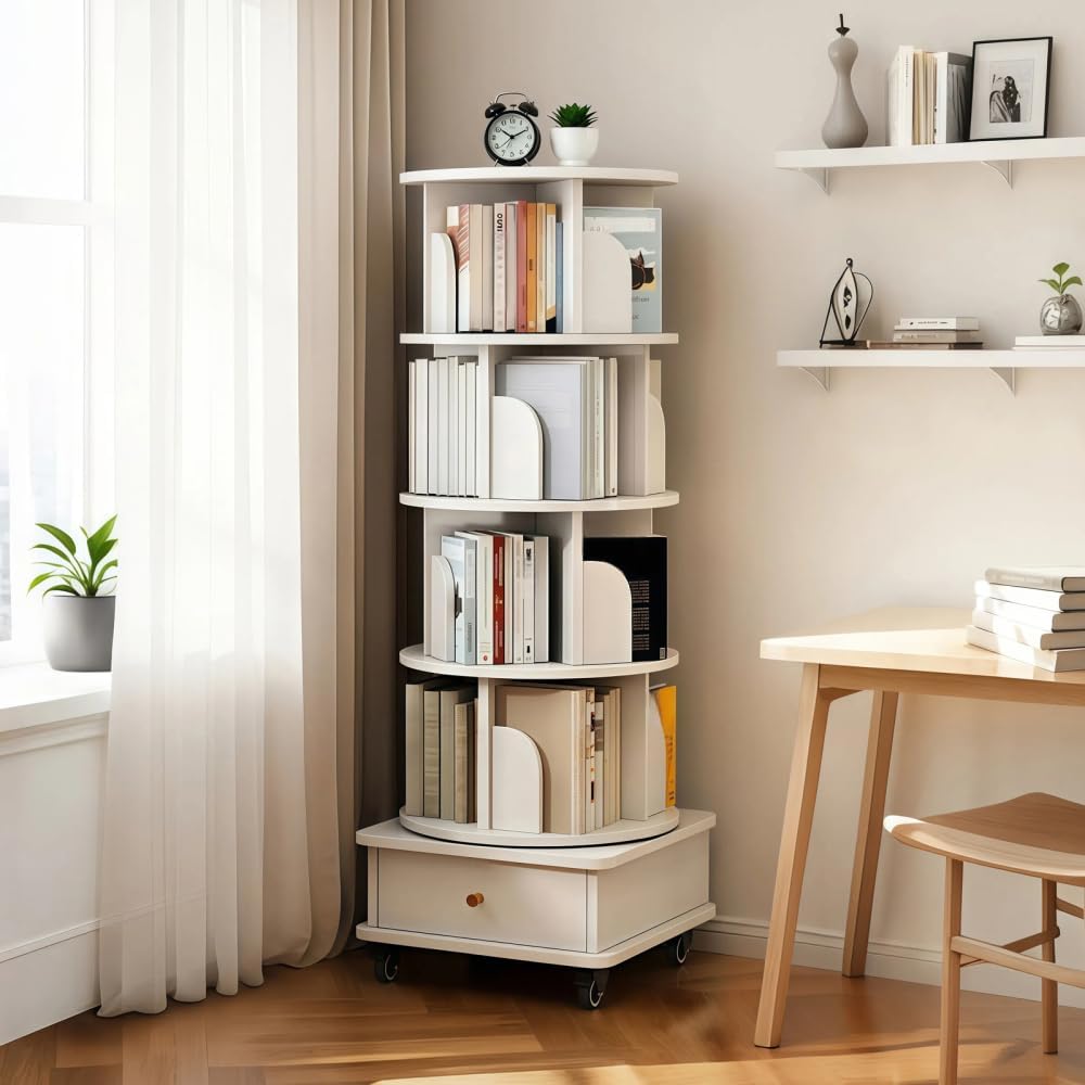 360° Rotating Bookshelf with Drawer and Wheels, 5 Tier Tall Bookcase for Small Spaces, Corner Shelf for Bedroom, Living Room, Office, Wood Bookshelf, White