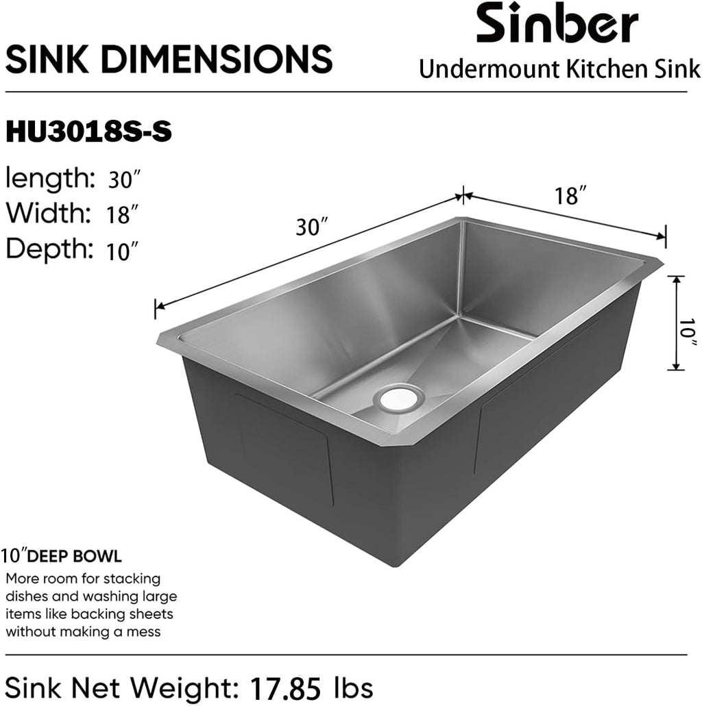 Sinber HU3018S 30' x 18' x 10' Undermount Single Bowl Kitchen Sink with 18 Gauge 304 Stainless Steel Satin Finish